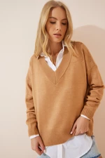 Happiness İstanbul Women's Camel V-Neck Oversize Knitwear Sweater