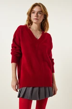 Happiness İstanbul Women's Red V-Neck Oversize Knitwear Sweater