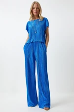 Happiness İstanbul Women's Blue Pleated Casual Blouse Trousers Set