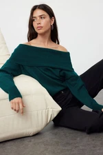 Trendyol Emerald Green Soft Textured Carmen Collar Knitwear Sweater