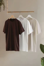 Trendyol Dark Brown-Stone-White Large Size 3-Pack Regular Cut 100% Cotton T-Shirt