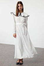 Trendyol Ecru Collar Piping Detailed Belted Woven Dress