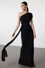 Trendyol Black Fitted Asymmetrical Neckline Waist Detailed Woven Long Elegant Evening Dress