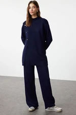 Trendyol Navy Blue Button Detailed Knitwear Sweater Trousers Bottom-Top Set