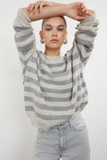 Trendyol Beige Wide Cut Striped Knitted Sweater