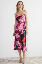 Trendyol Pink-Multi-Colored Floral Patterned Woven Satin Elegant Evening Dress