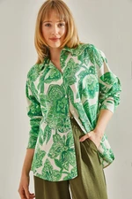 Bianco Lucci Women's Green Multi Patterned Linen Shirt