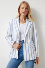 Happiness İstanbul Women's Ecru Blue Striped Padded Linen Blend Blazer Jacket