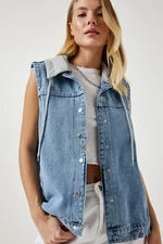 Happiness İstanbul Women's Light Blue Hooded Boyfriend Denim Vest