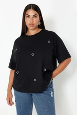 Trendyol Curve Black Heart Accessory Detailed Oversize 100% Cotton Knitted T-shirt