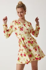 Happiness İstanbul Women's Yellow Floral Mini Wrapped Chiffon Dress