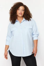 Trendyol Curve Blue Cotton Long Sleeve Double Pocket Skirt Slit Poplin Woven Plus Size Shirt