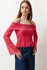 Trendyol Fuchsia Flare Sleeve Tie Detailed Knitted Madonna Collar Blouse