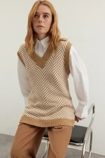 Trendyol Camel Striped V Neck Knitwear Sweater