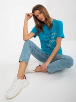 Women's blue cotton T-shirt with slogans