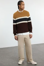 Trendyol Camel Men's Slim Fit Wool Crew Neck Panelled Color Block Knitwear Sweater