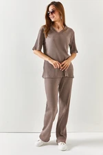 Olalook Women's Mink Top V-neck Lower Palazzo Corduroy Suit