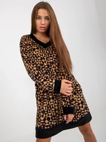 Camel and black loose velour dress with prints