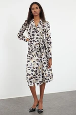 Trendyol Beige Leopard Patterned Wrap Midi Woven Dress with Tie Detail