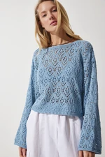 Happiness İstanbul Women's Sky Blue Boat Neck Openwork Seasonal Crop Knitwear Sweater