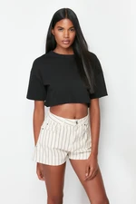 Trendyol Ecru Striped High Waist Denim Shorts