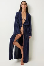 Happiness İstanbul Women's Dark Blue Leather Belted Pleated Long Kimono