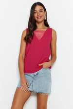 Trendyol Fuchsia V-Neck Mesh Detailed Crepe Knitted Blouse