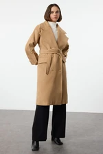 Trendyol Camel Regular Belted Foldable Sleeves Wool Trench Coat