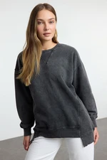 Trendyol Black Washed Hem Detailed Crew Neck Relaxed/Comfortable Fit Knitted Sweatshirt