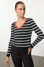 Trendyol Black Crop Striped V Neck Knitwear Sweater