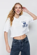 Trendyol White 100% Cotton Crop Knitted T-Shirt with Pocket Embroidery Detail