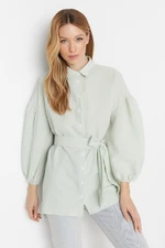 Trendyol Green Striped Belted Balloon Back Sleeve Long Woven Shirt