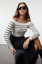 Trendyol Ecru Boat Neck Striped Knit Sweater