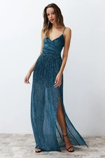 Trendyol Oil A-Cut Glittering Knitted Long Evening Dress