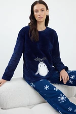 Trendyol Navy Blue Animal and Winter Patterned Wellsoft Winter Knitted Pajama Set