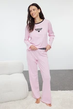 Trendyol Pink 100% Cotton Heart and Slogan Printed Elastic Knitted Pajama Set