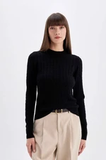 DEFACTO Regular Fit Crew Neck Knitted Buttoned Black Sweater