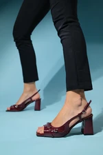 LuviShoes PANDIA Claret Red Patent Leather Buckle Women's Thick Heeled Sandals