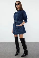 Trendyol Dark Blue Color Block Belted Oversize Denim Jacket