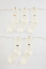 Trendyol Ecru Unisex 5 Pack Animal Embroidered Cotton Sock-Long Socks