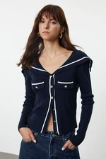 Trendyol Navy Blue Color Block Turn-down Collar Knitwear Cardigan