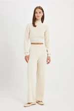 DEFACTO Stand Collar Long Sleeve Ribbed Crop and Elastic Waist Straight Leg Basic Knitwear Bottom Top Set