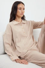 Trendyol Stone Button Detailed Textured Woven Pajama Set