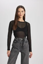 DEFACTO Regular Fit Crew Neck Tulle Long Sleeve T-Shirt