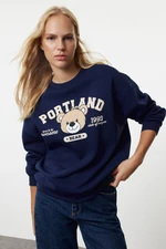 Trendyol Navy Blue Printed Oversize/Wide Fit Crew Neck Thick Knitted Sweatshirt