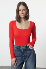 Trendyol Red Square Collar Premium Knitted Bodysuit with Bottom Snaps