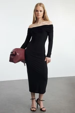 Trendyol Black Carmen Collar Fitted/Fitting Flexible Midi Knitted Dress