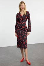 Trendyol Red Floral Patterned A-Line Tie Detailed V-Neck Midi Satin Woven Dress