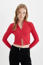 DEFACTO Fitted Stand Collar Basic Plain Zippered Ribbed Camisole Crop Red Cardigan