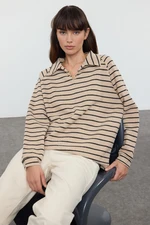 Trendyol Beige*001 Striped Oversize/Wide Pattern Thessaloniki Polo Collar Knitted Sweatshirt